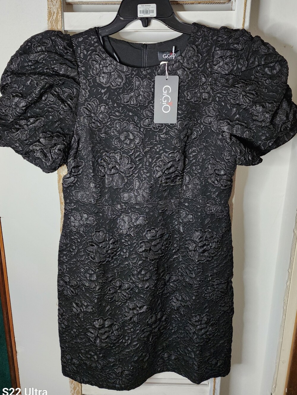 Black Textured Puff-Sleeve Mini Dress